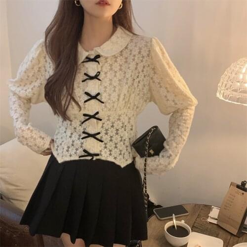 Spring Korean Sweet Loose Clothes Lace Up Flower Women Blouses Fashion Peter Pan Collar Ladies Tops Vintage Lace Shirts Women