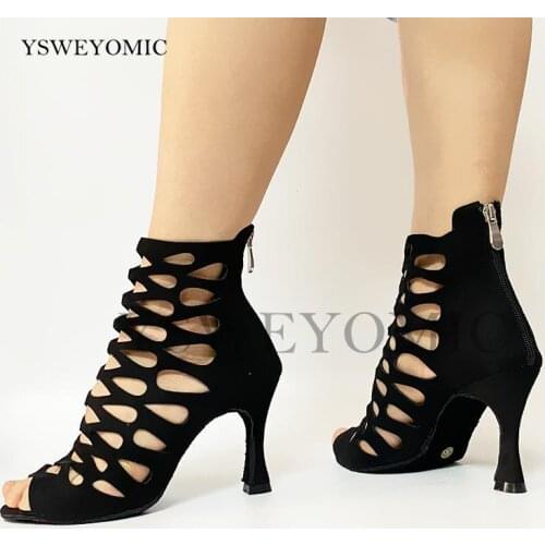 Fashion Ladies Latin Dance Boot Black Leather High Heel 3inch Suede Outsole Salsa Bachata Women Dance Shoes 2021