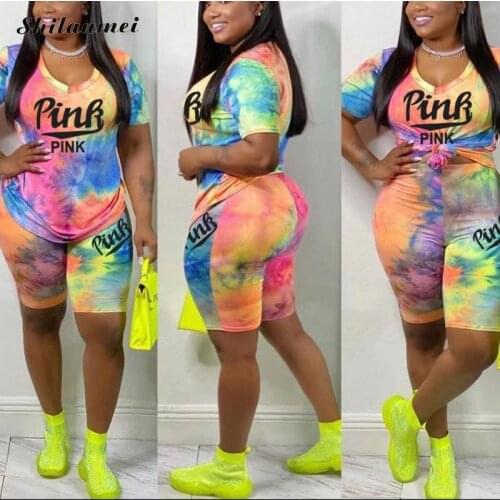 New Tie Dye Outfits Plus Size Two Piece Set Women Pink Letter Print Short Sleeve Tshirt Top + Biker Shorts Female Tracksuit Sets