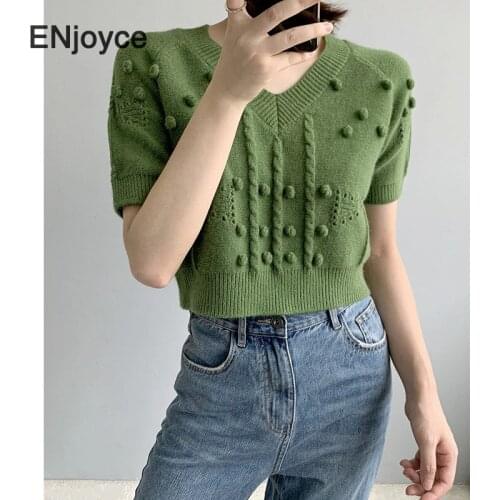 Women Vintage Short Sleeve Knitted Pullovers Sweater New Casual Korean Style Elegant Knitted T-Shirt Cropped Tops Spring 2021