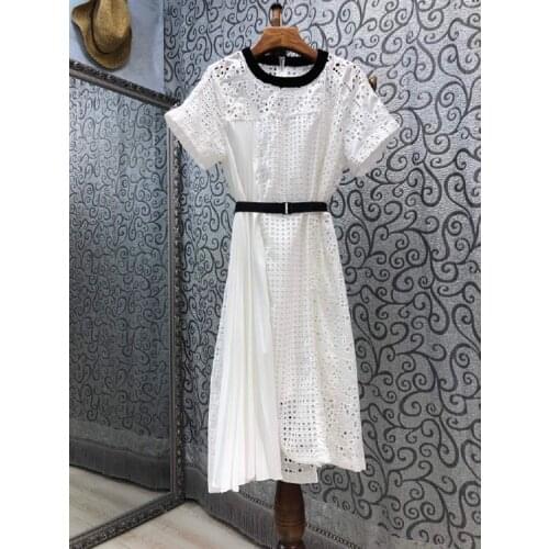 Top Quality Lace Dress 2021 Summer Women O-Neck Crochet Lace Patchwork Short Sleeve Slim Fit A-Line Black White Dress Belts