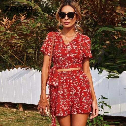 ZOGAA Sets Women Summer New Hot Sale Sexy V-neck Print Suit Daily All-match Holidy Chic Casual Female Lace-up Printed V-Neck New
