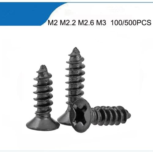 100/500pcs M2 M2.3 M2.6 M3*l Steel With Black Phillips Flat Head cross Recessed Mushroom Head Self Tapping Screws