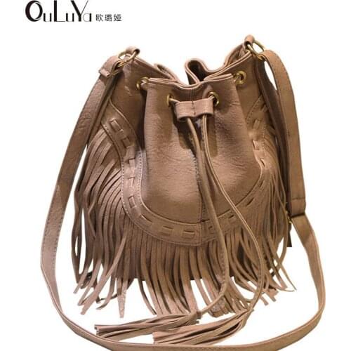2021 Womens PU One Shoulder Messenger Bag Leisure Drawstring Tassel Bucket Bag Shoulder Messenger Bag