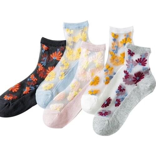 2022 Summer Spring Fashion Flower Woman Socks Thin Transparent Crystal Lace Socks Silk Socks