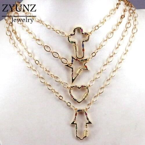 8PCS, Trendy Hollow Hand Heart Star Cross Pendant Necklace for Women CZ Copper Link Chain Jewelry