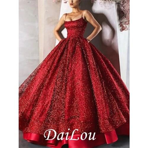 Ball Gown Luxurious Sparkle Engagement Formal Evening Spaghetti Strap Sleeveless Floor Length Satin with Sequin Tier 2021