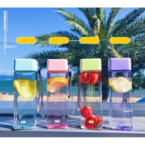 Cheap 7 Color 500ML Cute New Square Tea Milk Fruit Water Cup for Water Bottles drink with Rope Transparent Sport Heat resistant