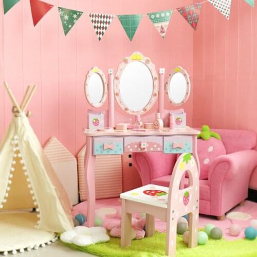 Kids Wooden Makeup Table Makeup Mirror Imitation Nail Polish Comb Lip Balm Cosmetic Toys Girls Educational Toys Birthday Gifts