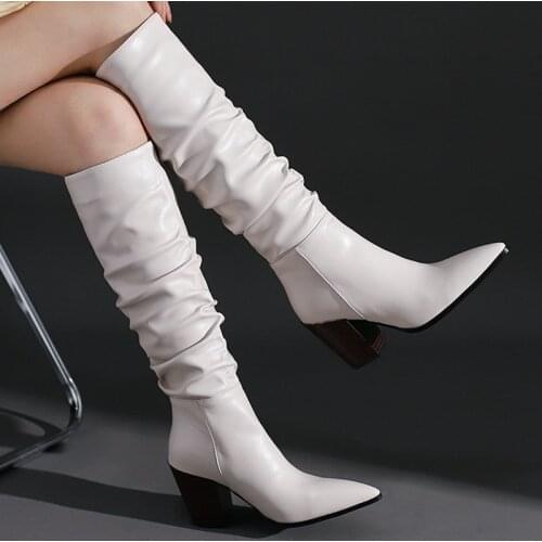 Designer Womens Fashion Warm Boots 2021 Autumn Winter New Pointed Square Heel Pleated Knee High Boots Lady Mid-Calf Boots 34-43