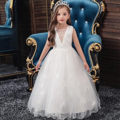 New V-neck big girl princess dress girl embroidery sleeveless solid color stitching long children wedding dress