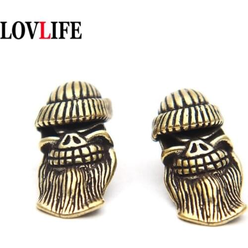 Long Beard Skull EDC DIY Knife Beads Pendant Jewelty Vintage Color Brass Outdoor Tools Skeleton Head DIY Umbrella Rope Keychains