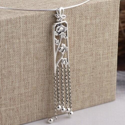 100% S925 Silver Long Pendant 100% Pure S925 Solid Thai Silver Tassel Flower Pendants for Women Men Jewelry Making