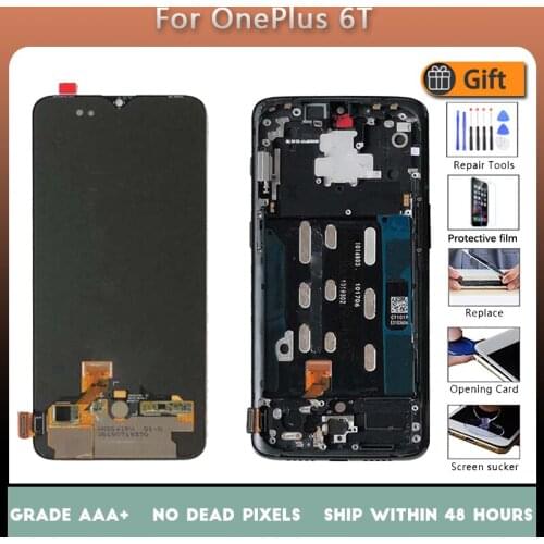 For OnePlus 6T AMOLED Original LCD screen assembly and front case Matte Black Bright black Free repair tools and Tempered film