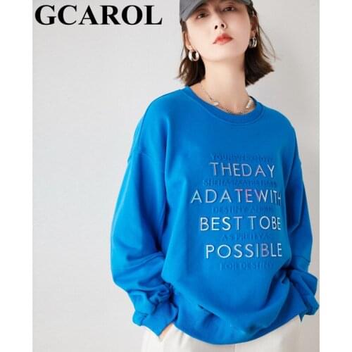 GCAROL Women 3D Gold Letter Sweatshirt Bottom Split Candy Trendy Cotton Sport Pullover Loose Drop Shoulder Autumn Winter Top