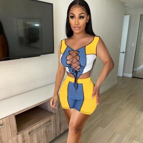 Hirigin Color Patchwork Ribbed Two Piece Outfits Women Summer Lace-up Crop Top + Biker Shorts Set Streetwear Sexy 2 Piece Set