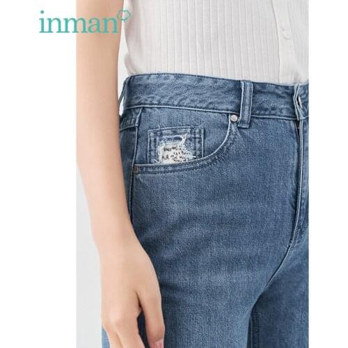 INMAN Summer Spring Womens Pants Fashion Style Evaginable Hem Hole Design Letter Small Pocket Denim Cropped Trousers