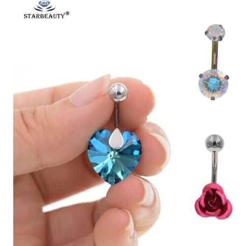 1pc Cute Heart crystal navel belly rings Double 3A Zircon Navel Rings studs 14G Red Flower Body Piercing fashion accessories