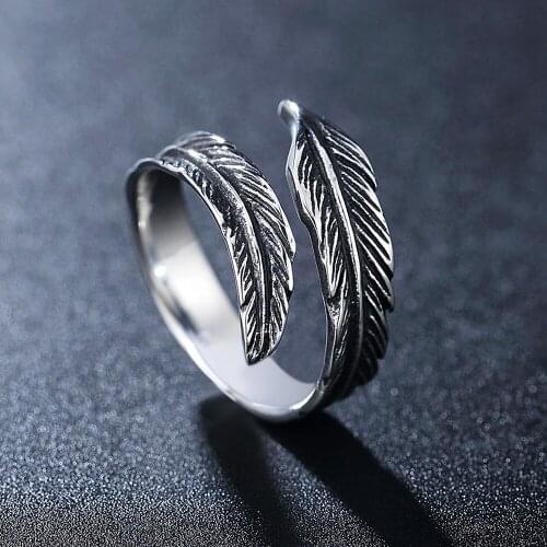 Retro Creative Open Feather Stainless Steel Ring Men and Women Jewelry Punk Viking Odin Crow Feather Ring Mens Gift