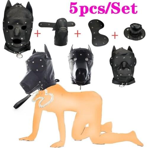 Leather Dog Hood Mask Removable Muzzle Eye Masks Zipper Open Mouth Gag BDSM Head Bondage Gimp Slave Roleplay Party Play Sex Toys