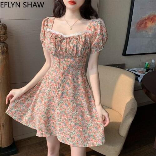 Sweet Dress Women Vintage Summer Cute High Waist Slim Short Puff Sleeved Short Dress Lace Sash Fairy Prarie Holiday Floral Dress