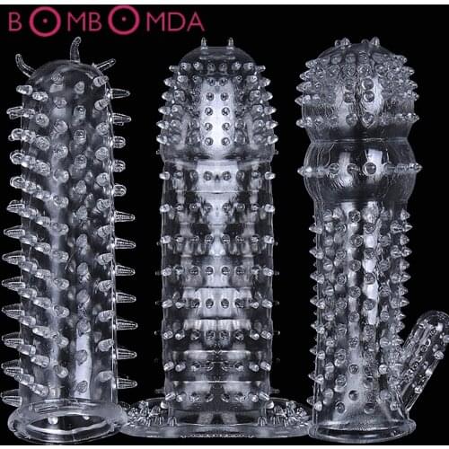 Reusable Men Condoms Time Delay Crystal Penis Condom Male Penis Extension Sleeve Soft G Point Adult Sex Toys for Men Dick Sleeve