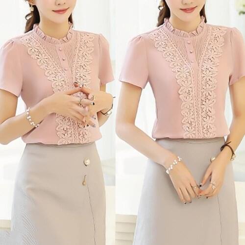 Fashion Summer Women Floral Lace Splice Blouse Solid Color Short Sleeve Shirt