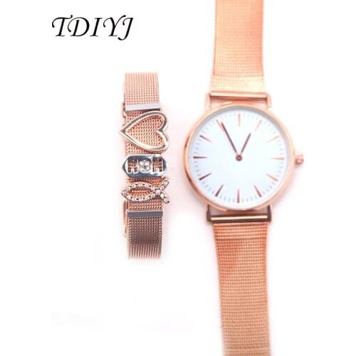 TDIYJ New Collection Mother'Day Mesh Watch Stainless Steel Bracelet Love Mom Heart Slide Charms for Mother Gift 1Set