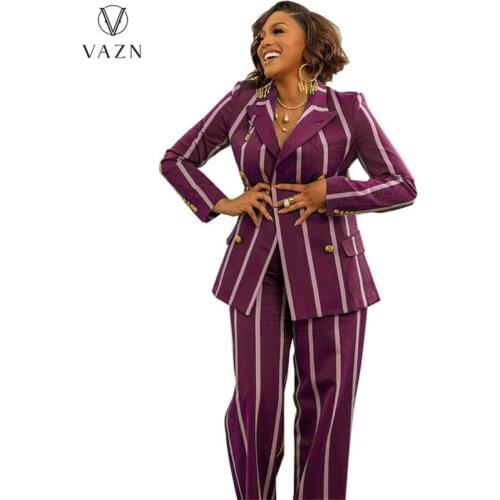 VAZN 2021 New High-end Striped Mature Office Lady Sexy Full Sleeve Suits Group Long Wide Leg Pants Slim Women 2 Piece Set