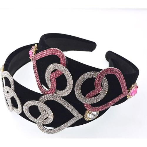 Black Wide hair band fashion retro flower Bridal Accessories Street beat heart rhinestone crystal headband for women headdress