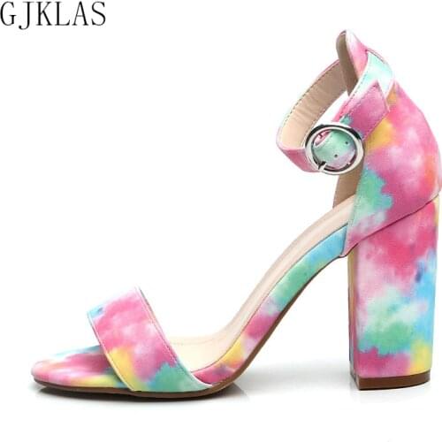 Rainbow Color High Heels Big Size Sandals for Women Summer Block Heels Fashionable High Heel Shoes Women Wedding Shoes Bride