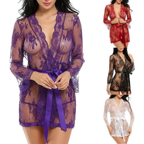 Sexy Lingerie Women Transparent Robe Bathrobes Ladies Sexy See-through Lace Mesh Sleepwear Womens Underwear Exotic Costumes