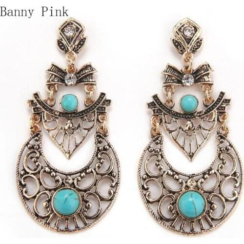 Ethnic Synthetic Stone Pendant Studs Earrings For Women Vintage Hollow Alloy Pendant Post Earrings Fashion Jewelry pendientes