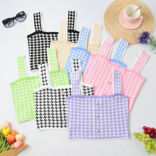 Plaid Womens Tank Tops 2021 Summer New Thin Knitted Beading Button Sexy Top Sleeveless Patchwork Camisole Pullover Woman Clothes