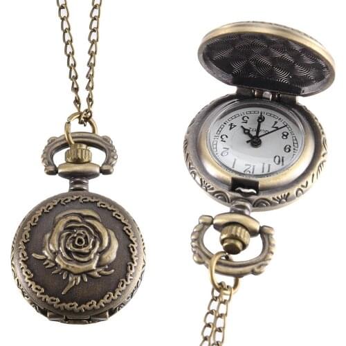 Vintage Pocket Watch Bronze Color Quartz Watch Cool Chain Rose Watches LXH