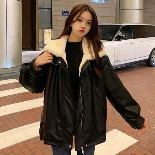 Female Loose Plush Korean Motorcycle Leather Jacket Fashion Winter Faux Fur Coat Women Leather Jacket Thick Warm Black Outerwear