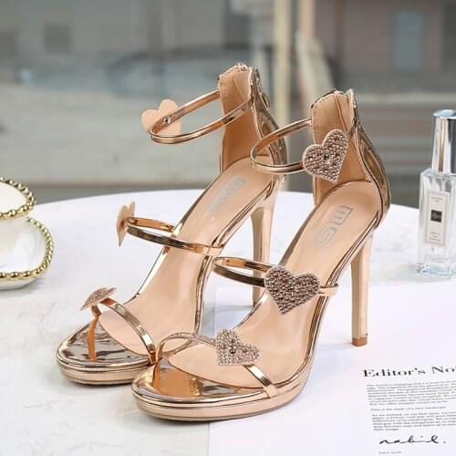2021 summer womens high heels patent leather rhinestone with peach heart sexy party shoes fashion Ankle strap open toe 10.5cm