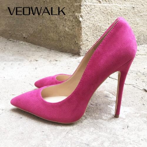 Veowalk Rose Pink Flock Women Stileetos Extremely High Heels Ladies Pointed Toe Cute Pumps Slip On OL Shoes Customized Accept