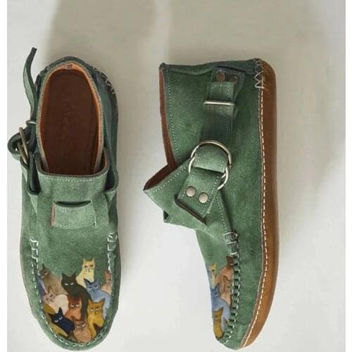 2021 Fashion Plus Size 43 New Female Comfort Cartoon Cat Printed Leather Button Casual Flat Ankle Boots - 6 Purple
