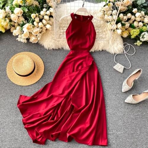 Womens Summer Dress New Style Hanging Neck Strapless Split Dress Open Waist Sleeveless Solid Color Big Swing Dresses GX054