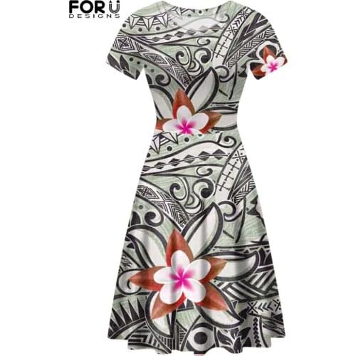 FORUSEDIGNS Women Summer Short Sleeves Dress Polynesian Stripes Plumeria Breathable O-Neck Daily Wear Madam Clothing Vestidos