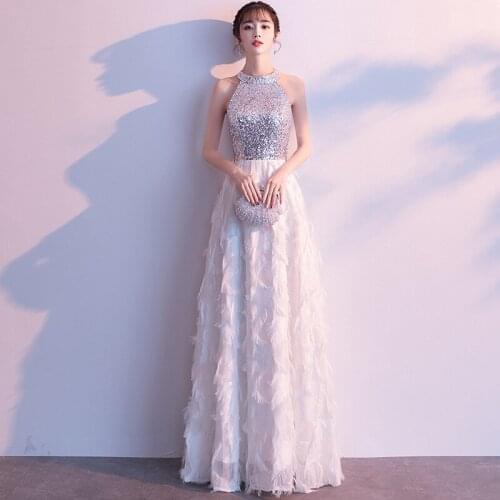 Evening Dress Halter Shining Sequined Wedding Formal Dresses Sliver Sleeveless Feathers Design Long Party Gown E337