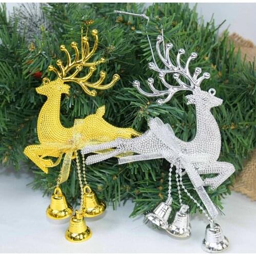 12*18cm Christmas Elk Pendant Gold Silver Reindeer With Bell Christmas Tree Hanging Decor For New Year Xmas Party Ornament Gifts