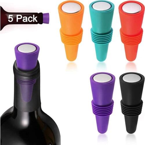 5 Pack Premium Silicone Wine and Beverage Bottle Cap Leak Proof Soda Champagne Bottles Creative Sealer Stopper Reusable for Beer