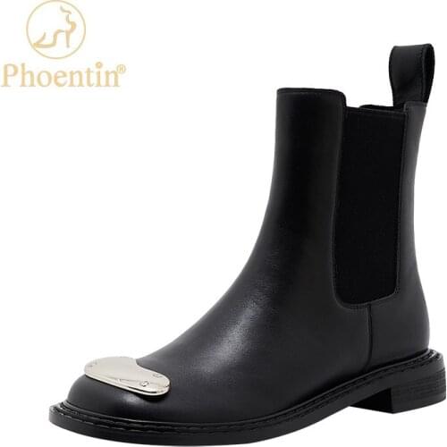 Phoentin new metal decoration Chelsea boots Womens Genuine leather Round Toe Ankle boot Autumn winter fashion punk Shoes FT1724