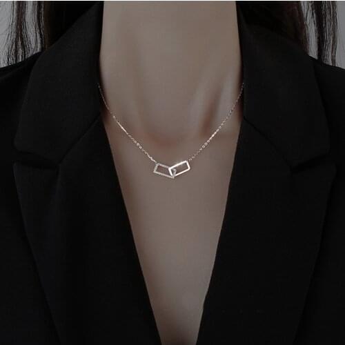 Trendy 925 Sterling Silver Double Rectangle Choker Circle Zircon Geometric Pendant Necklace Women Wedding Gift Fine Jewelry