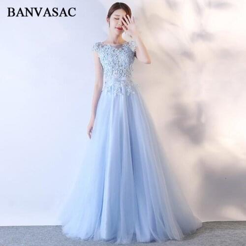BANVASAC 2018 Crystal Flowers O Neck A Line Lace Appliques Long Evening Dresses Party Bow Sash Open Back Prom Gowns
