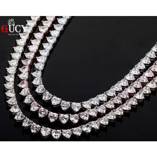 GUCY Heart Tennis Chain Necklace All Iced Out 1 Row 6mm Micro Pave CZ Stones Hip Hop Necklaces Charm Jewelry For Men Women