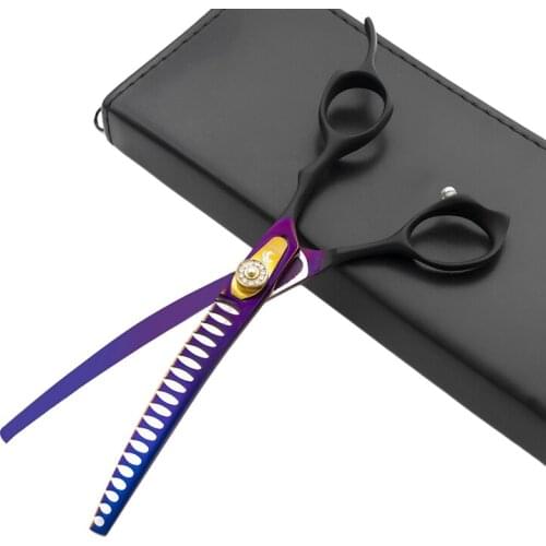 7 Inch Purple Japanese Stainless Steel 440C Pet 19 Teeth Hair Thinning Down Curved Scissors Dog Grooming Shears