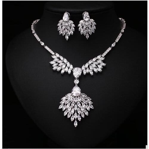 Classic Bridal Necklace Earring Sets Cluster Marquise Cubic Zircon Wedding Jewelry Sets For Fashion Women